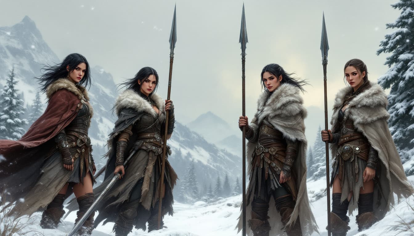 AI generated: a wide-angle, fantasy-themed painting of four female warriors in a snowy landscape. The four warrior...
