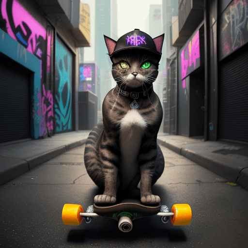 AI generated: Create a cyberpunk masterpiece: Picture a cat, cool and confident on a skateboard, adorned with a ba...