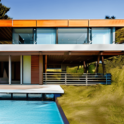 AI generated: Hyper realistic eye level exterior photo of a mid century modern style house overlooking the ocean, ...