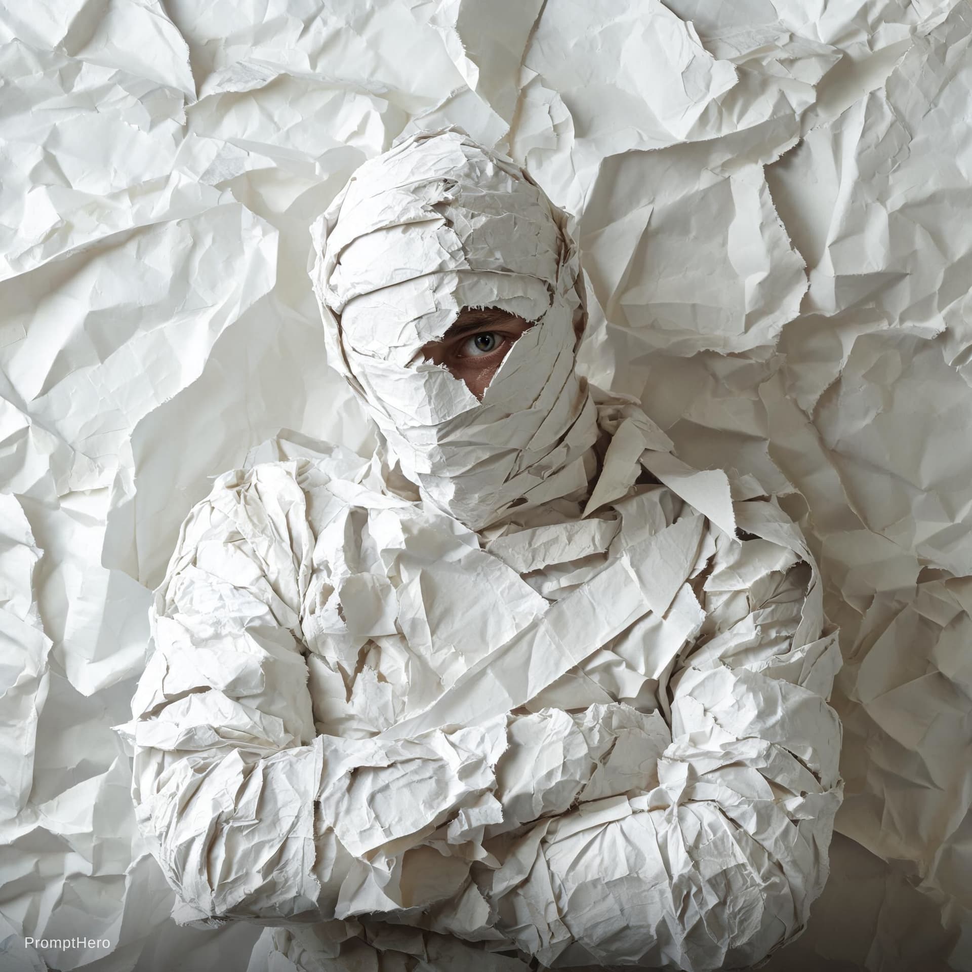 AI generated: a man covered in crumpled paper against a background of crumpled paper, in the style of mind-bending...