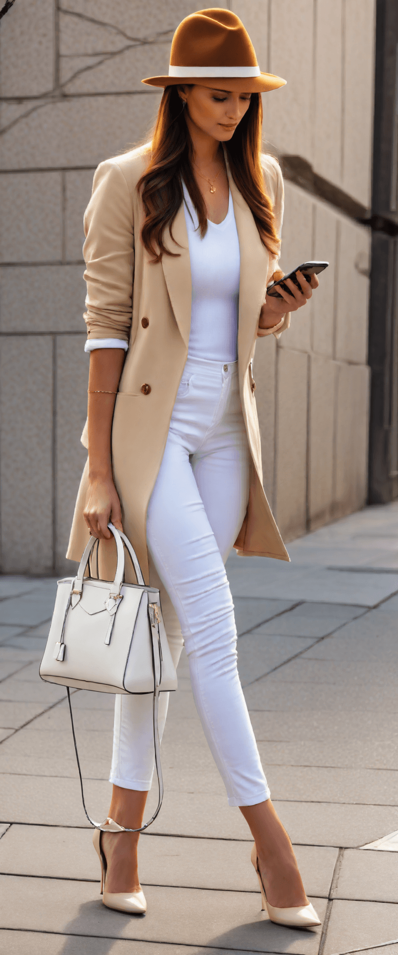AI generated: The image features a woman wearing a white shirt and a tan coat, standing on a sidewalk. She is hold...