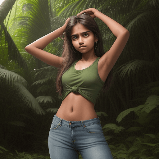AI generated: High resolution phA 17 year old Indian girl is posing in a natural trail in a jungle , she is wearin...