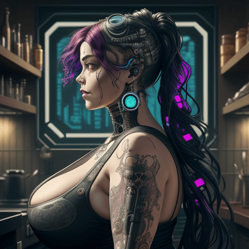 AI generated: thick woman on kitchen with intricate detailed frame around the outside | side profile of cyberpunk ...