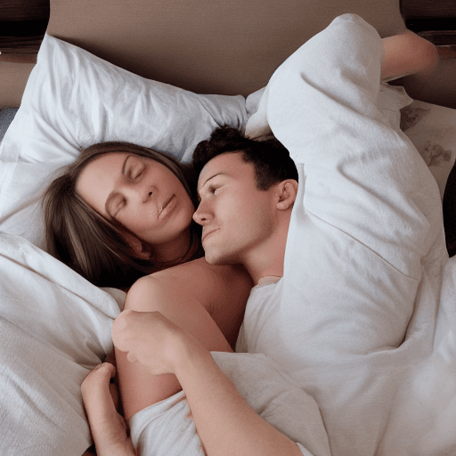 AI generated: High resolution photograph of two people in bed, lying on their backs, the first person in the foreg...