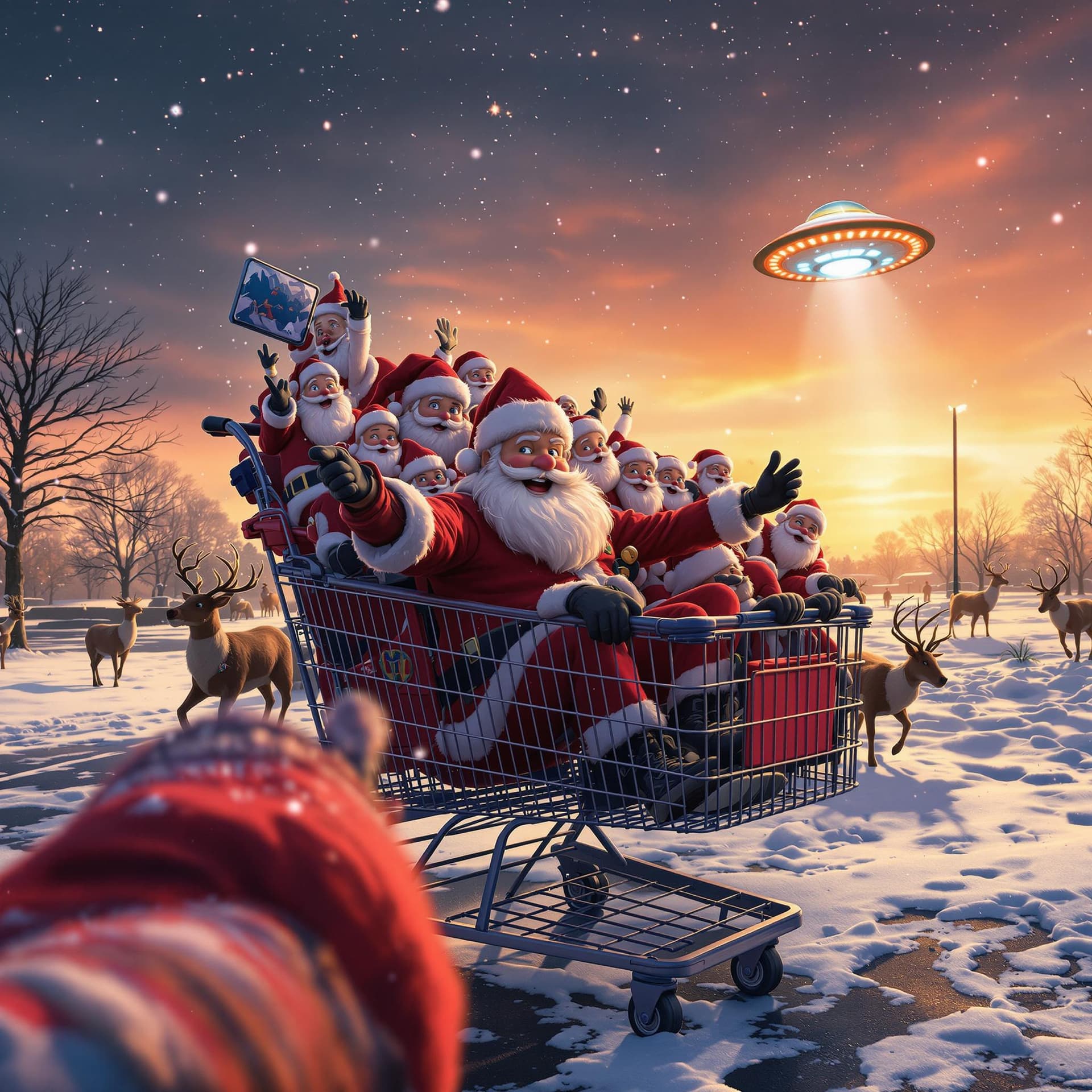AI generated: In an oversized shopping cart with 10 santas riding in it, in a snowy parking lot Animated Santa Cla...
