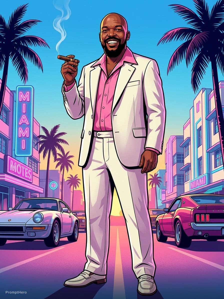 AI generated: Full-body illustration of myself in a stylized 1980s Miami setting. He's wearing a pink wide-collar ...
