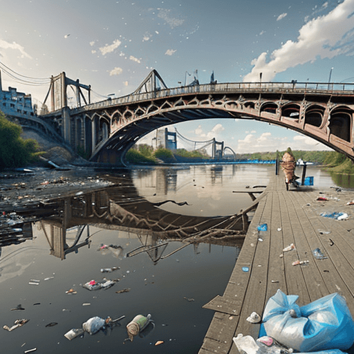 AI generated: big river with garbage pollution in it, without any kind of bridges in the background8k, intricate d...