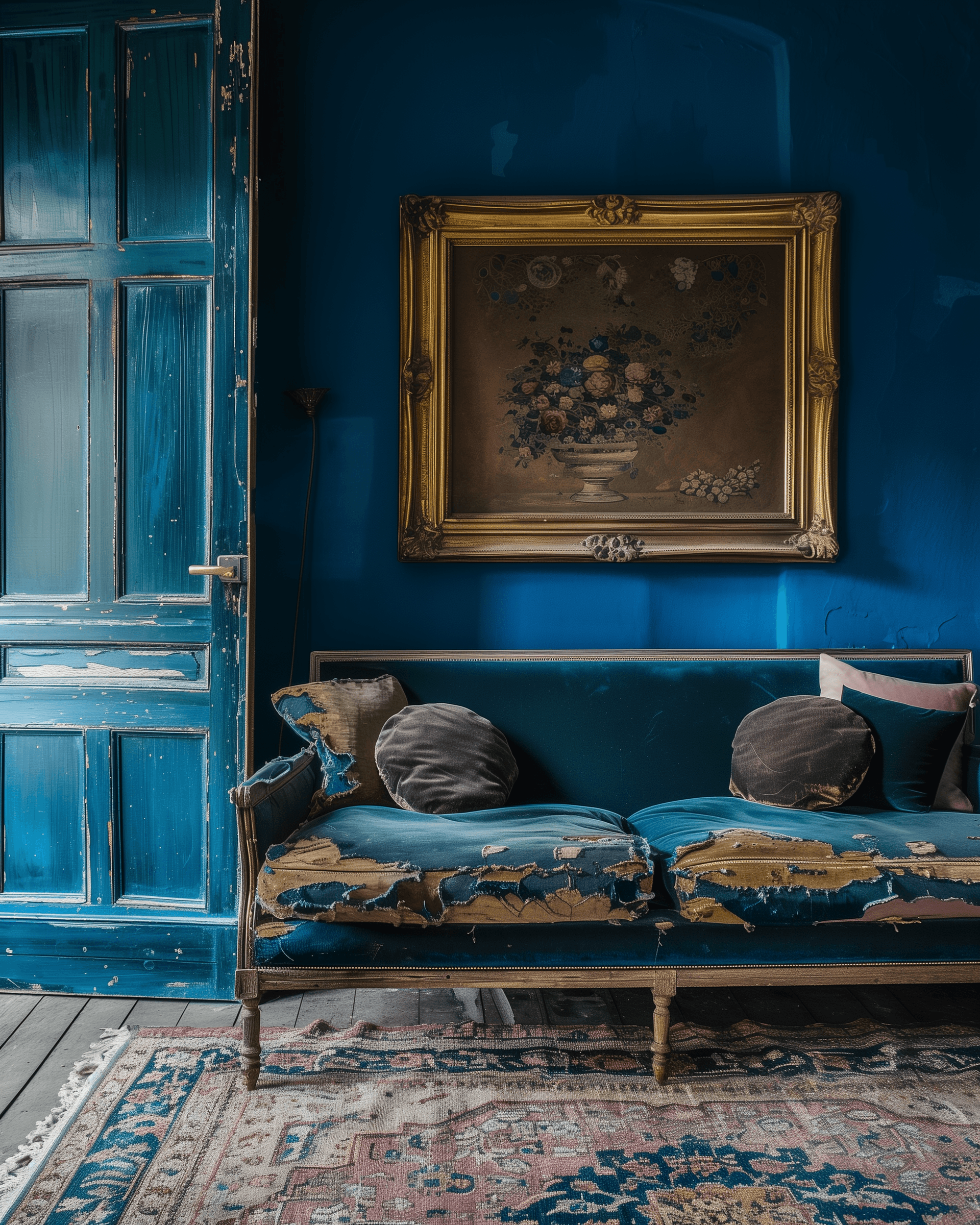 AI generated: An old sofa covered with velvet in an English manor house, blue walls and a vintage rug, a golden fr...