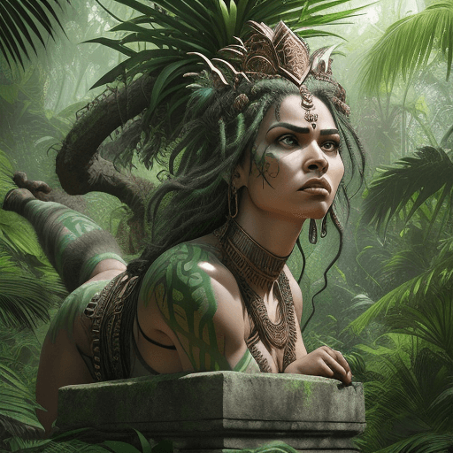 AI generated: In a lush, overgrown jungle, a fierce and agile warrior-queen stands atop an ancient stone temple, h...