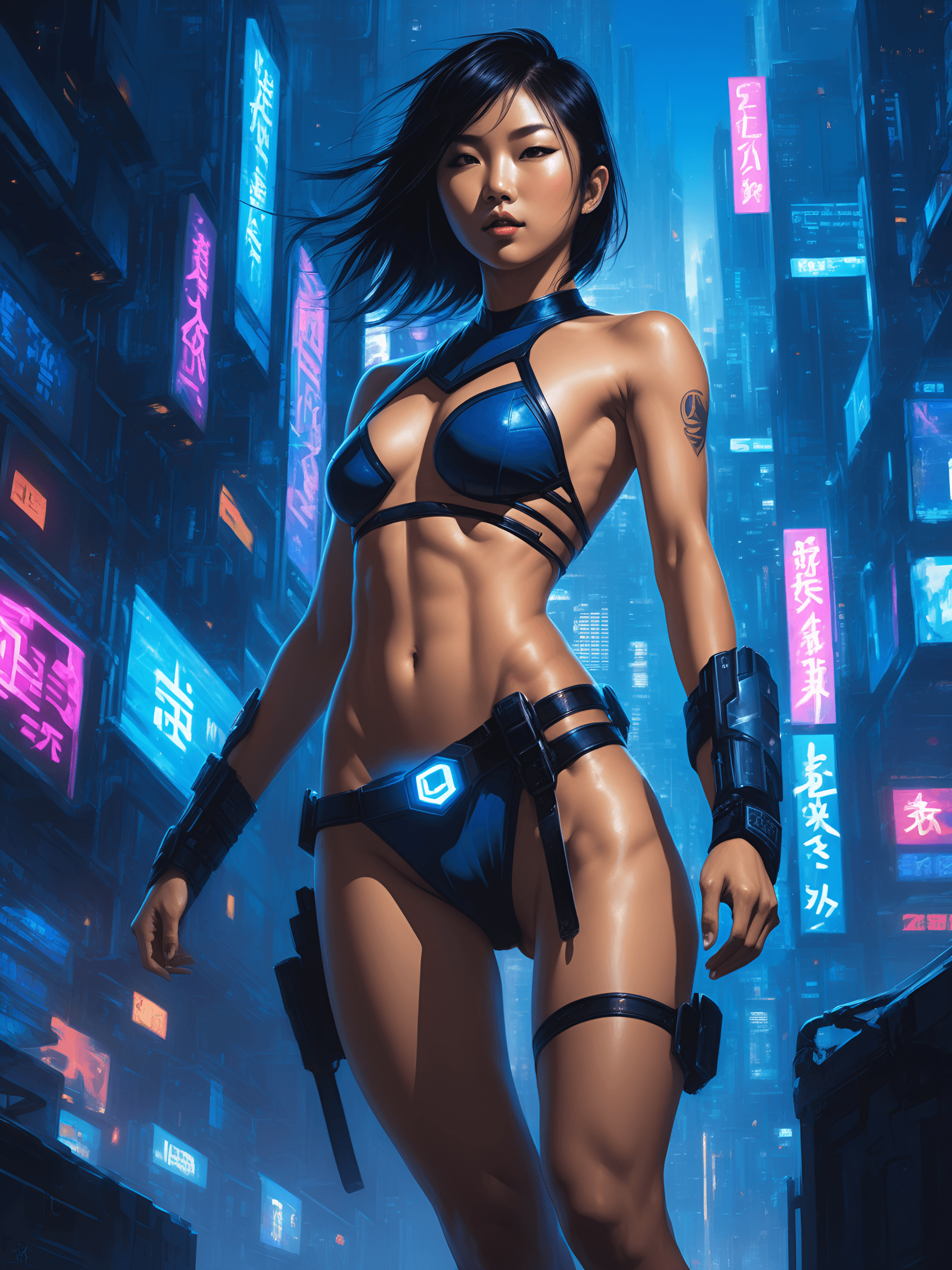 AI generated: asian teen with small breasts, flat chest, upper body, fit abs, dynamic pose, league of legends illu...