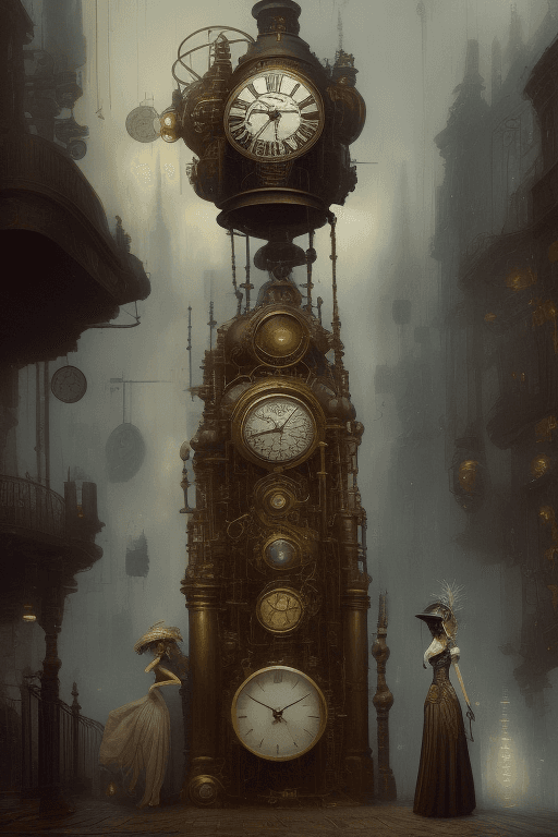 AI generated: time machine, haze, a woman in a steampunk outfit and a helmet on her head stands out of the time ma...