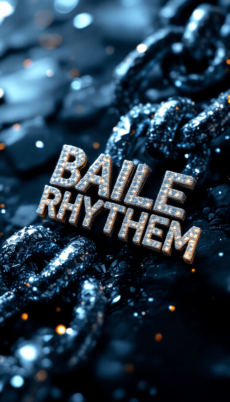 AI generated: big diamond ice out cuba chain. On the Chain  is the text: BAILE RHYTHEM" in a abstract diamond font...