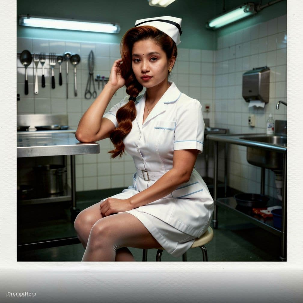 AI generated: A playful yet provocative scene of a curvy nurse with an hourglass figure and soft athletic thighs, ...