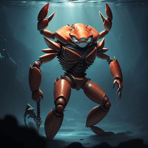 AI generated: A tough crab with a mechanical claw, standing in a well-lit underwater environment. The mechanical c...