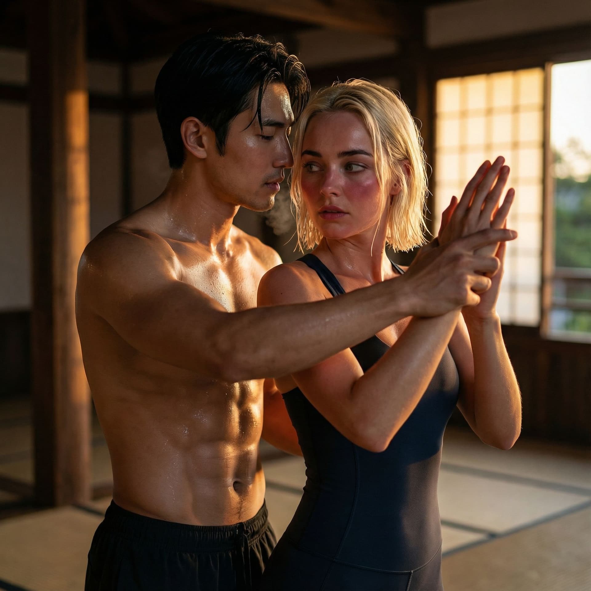 AI generated: Create a cinematic, intimate training-scene featuring Lilith and Ren.
Ren is an athletic Asian man w...