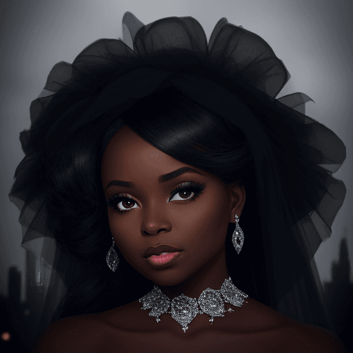 AI generated: A beautiful black bride is dressed for the camera, in the style of Gordon Parks, cityscapes, light n...