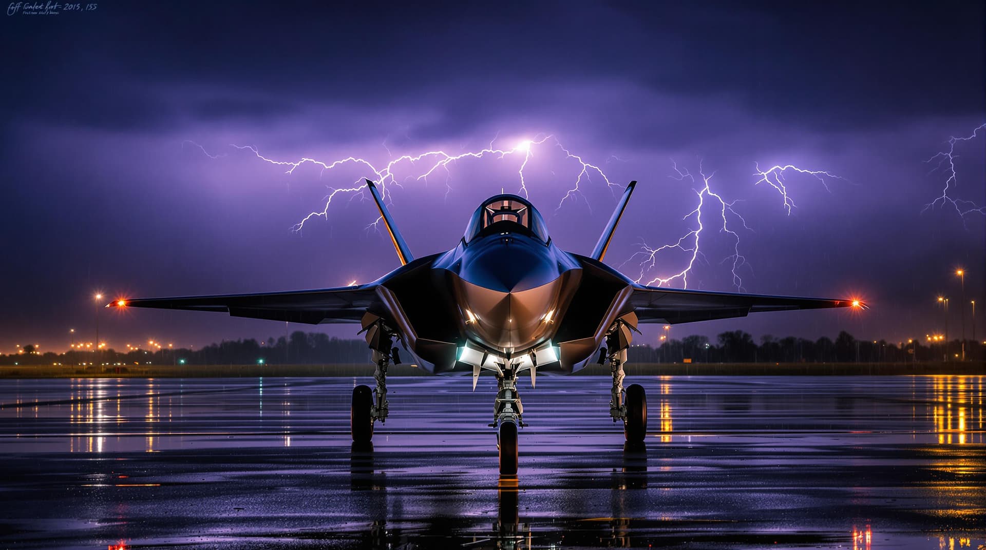 AI generated: A highly realistic F35 fighter jet sat on the ground at RAF Marham in the rain, lightning in the sky...