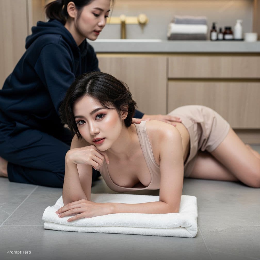 AI generated: An East Asian woman, who appears to be in her early 20s, lies face down on a tiled floor, her body n...