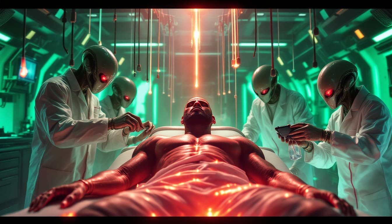 AI generated: Um laboratório futurista subterrâneo, iluminado por luzes verdes e azuis, repleto de máquinas aliení...