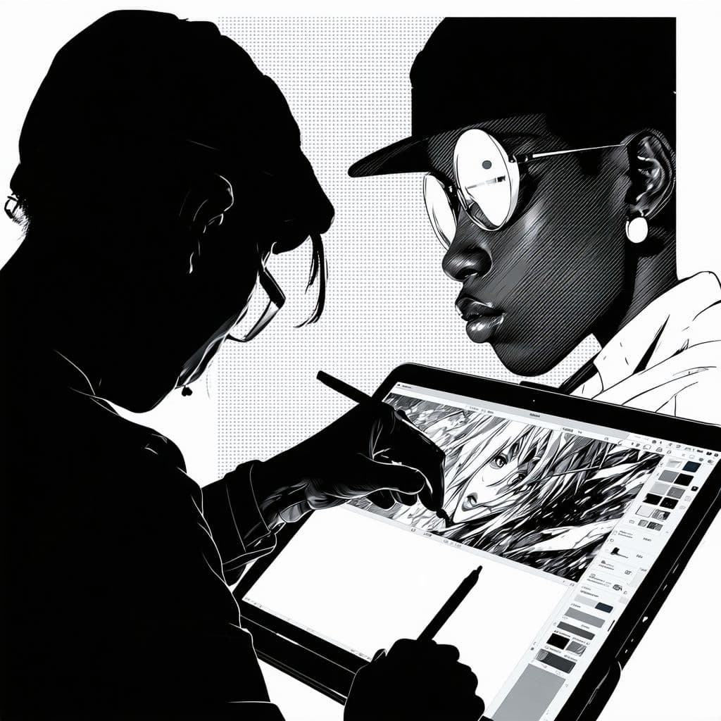AI generated: A mixed-media composition combining black-and-white photography with bold, modern digital illustrati...