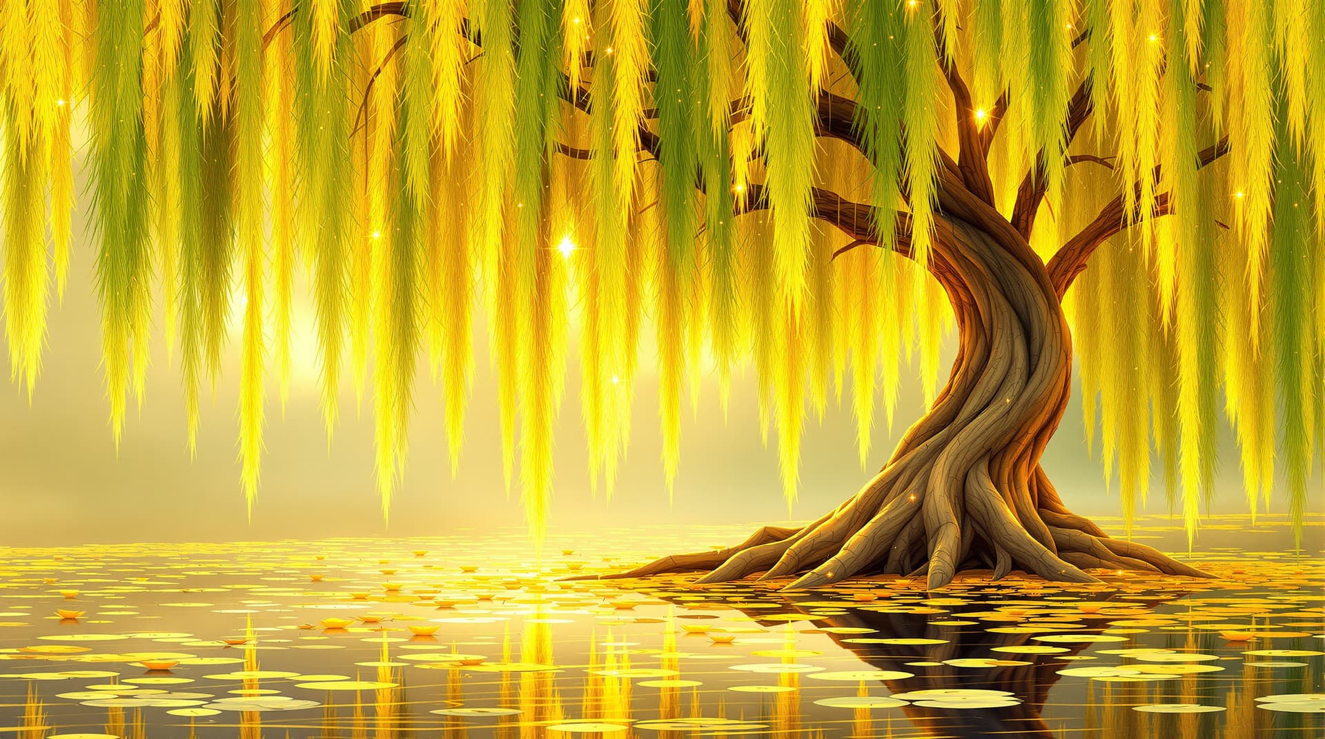 AI generated: a tranquil and magical willow tree by a pond with lily pads, rendered in luminous, warm colors with ...
