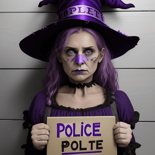 AI generated: A woman dressed as a witch from Hocus Pocus wearing a tattered purple dress in a police line up hold...