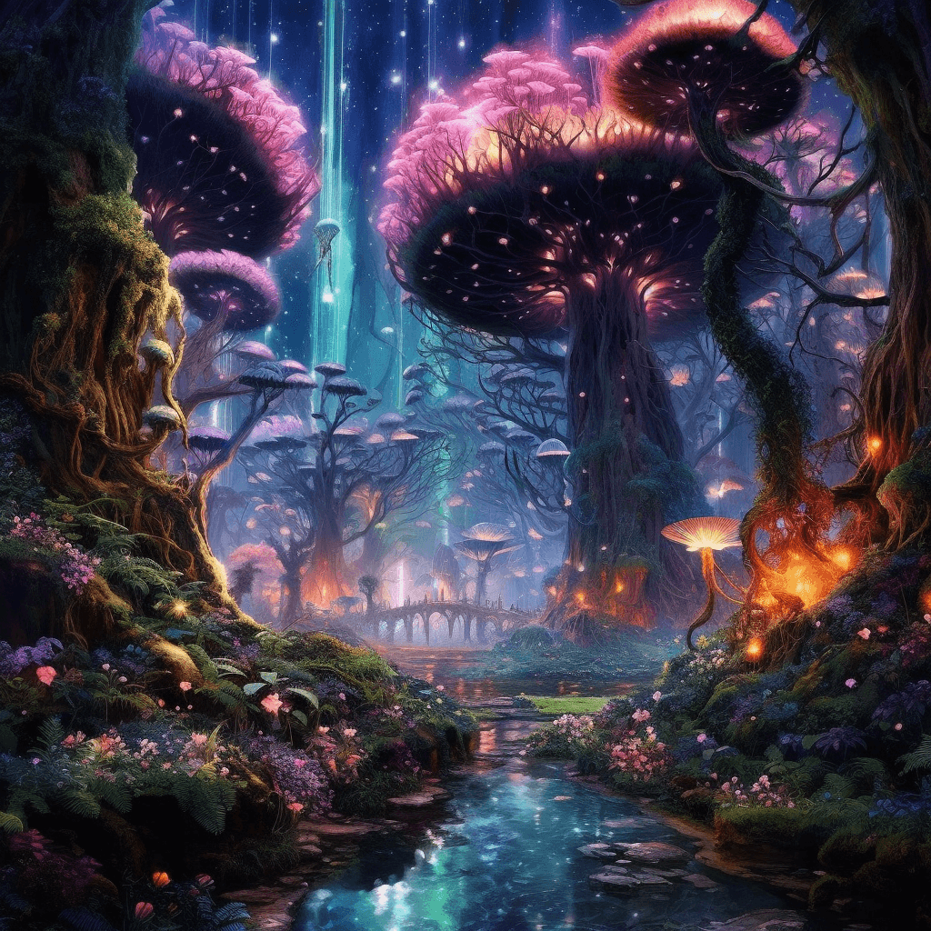 AI generated: A celestial garden on a distant planet, where exotic alien flora bloom in shades of color outside th...