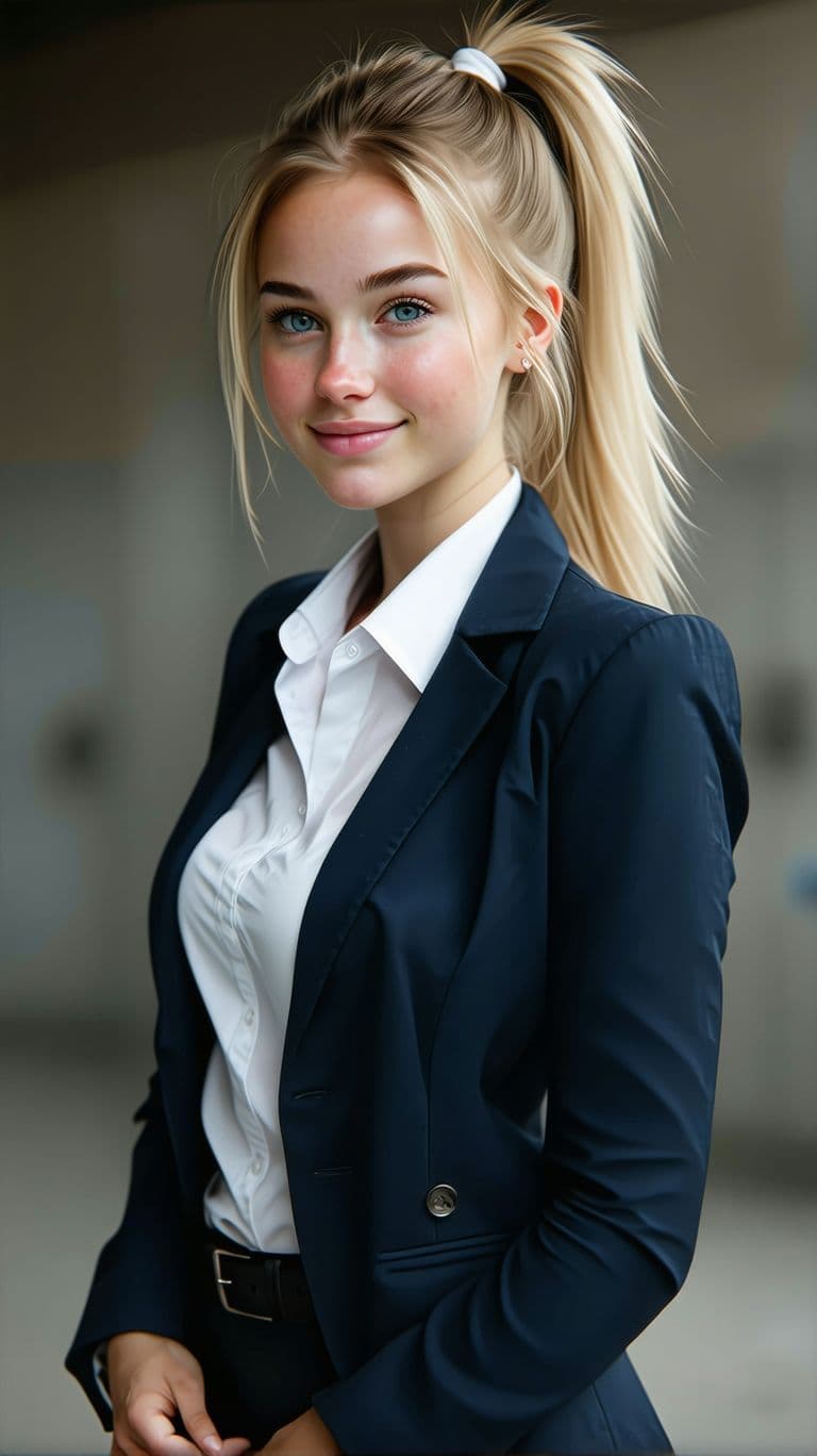 AI generated: hyper realistic full body shot, from toes to head, 20 year old blonde boss woman, beautiful face, se...