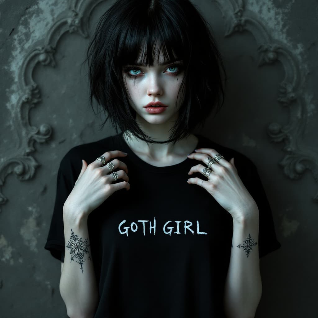 AI generated: A hyper-realistic portrait of a 18yo goth woman with pale porcelain skin and raven-black hair, style...