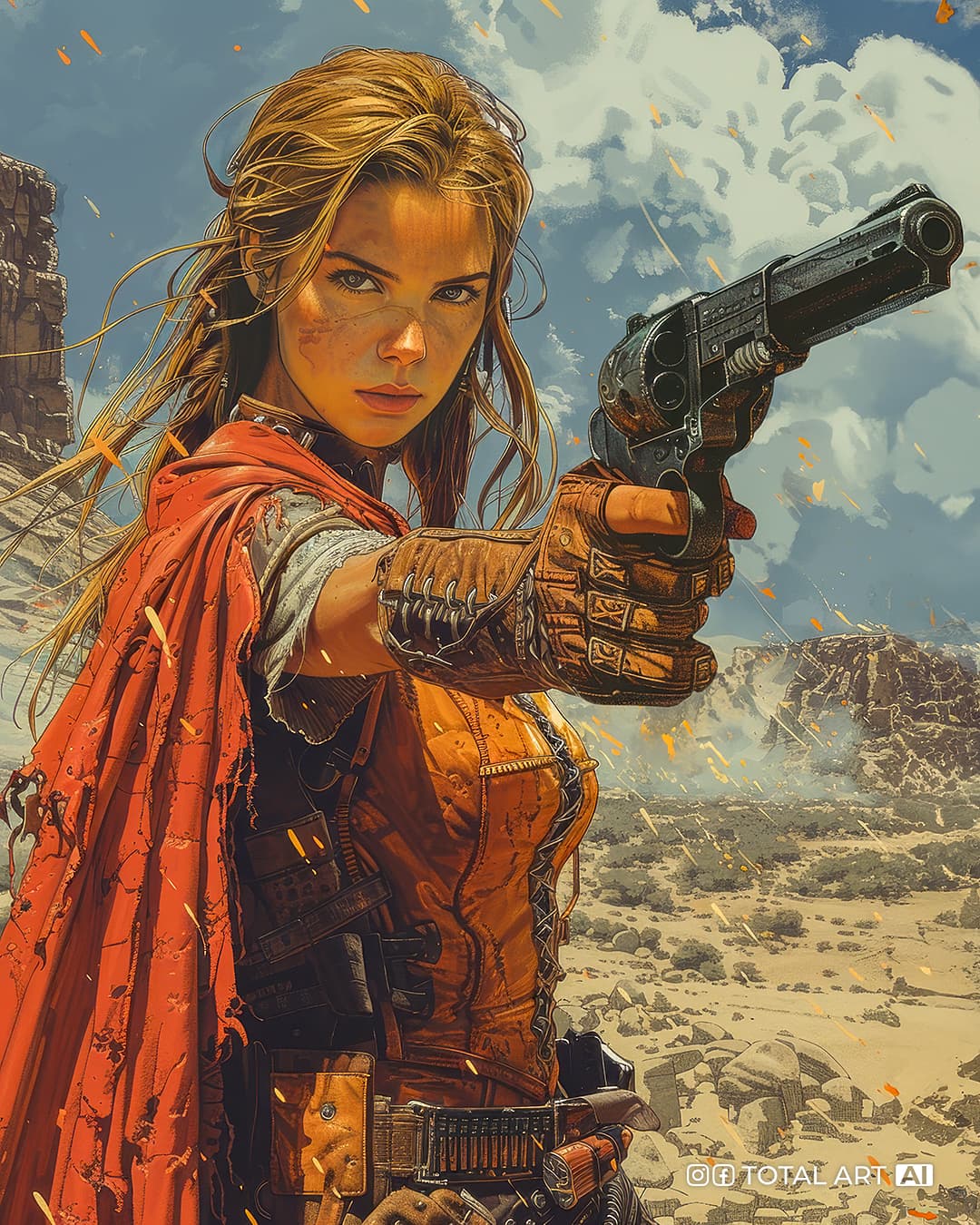 AI generated: Comic book illustration, full body shot 3/4 view of a gritty post-apocalyptic young beautiful Europe...
