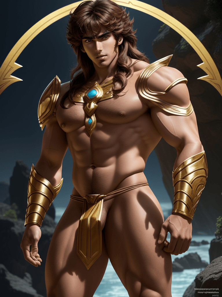 AI generated: Aiolos from Saint Seiya, greek complexion, big muscles and big thighs, brown hair, in his thirties, ...