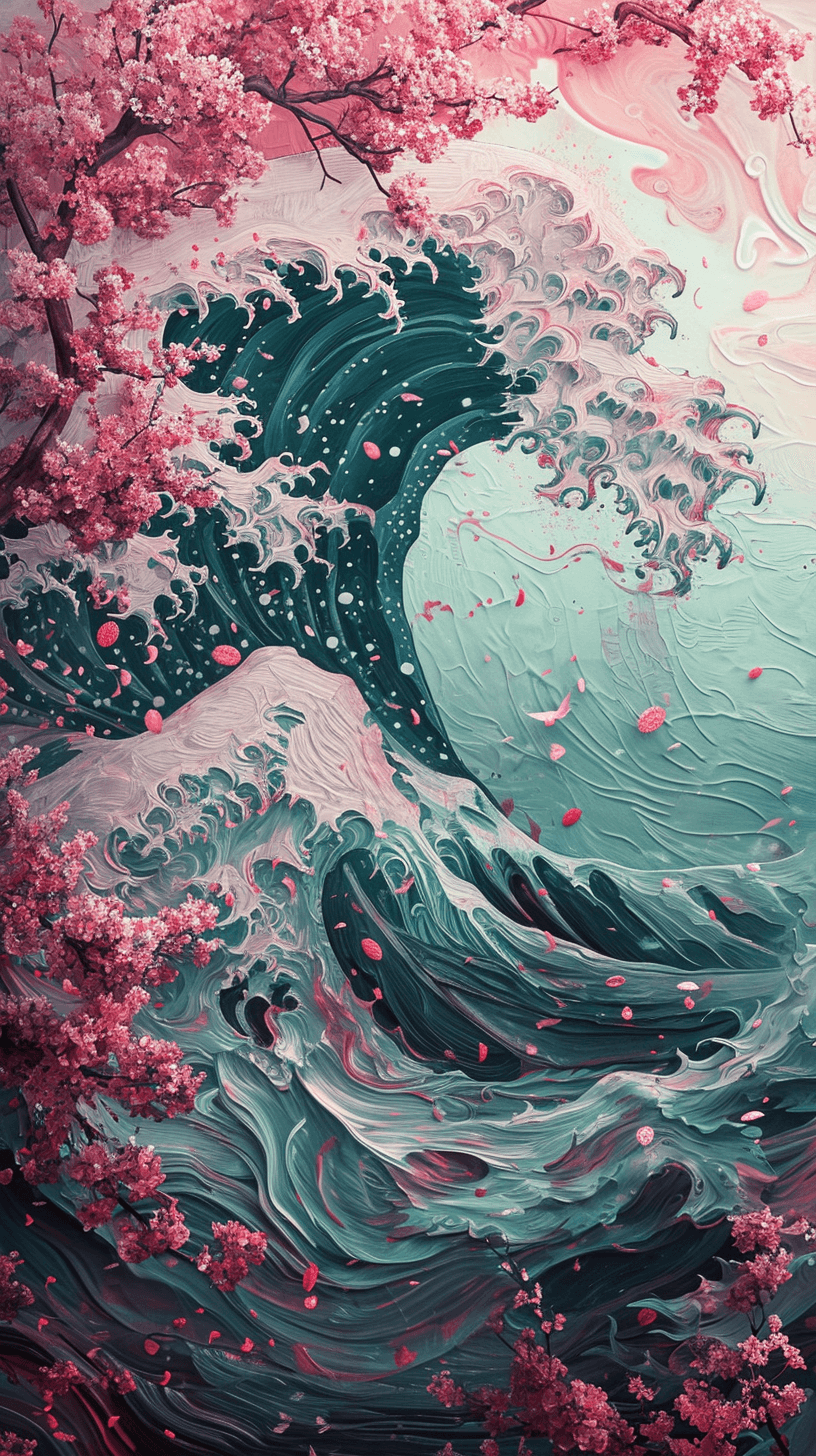 AI generated: a painting depicts pink cherry blossoms on the waves, in the style of #screenshotsaturday, light cya...