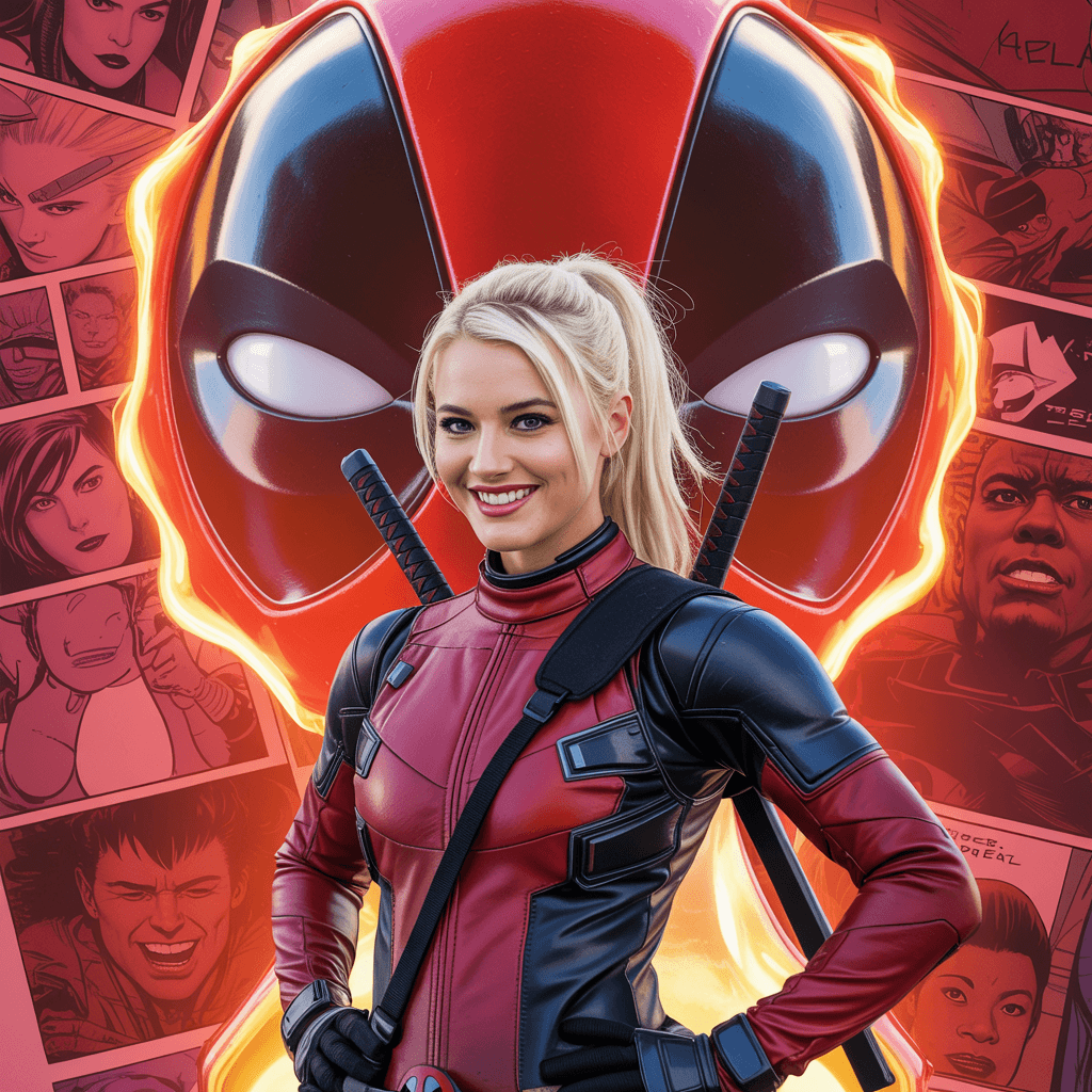AI generated: CLARA GALLE BE A LADY DEADPOOL FROM MARVEL 
BLONDE PONYTAILED,  LONG , RED BACKGROUND,  POSTER