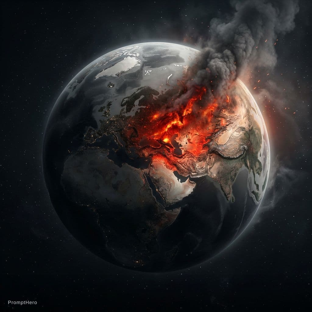 AI generated: Conceptual illustration of Earth partially engulfed in flames, focusing on one region burning intens...