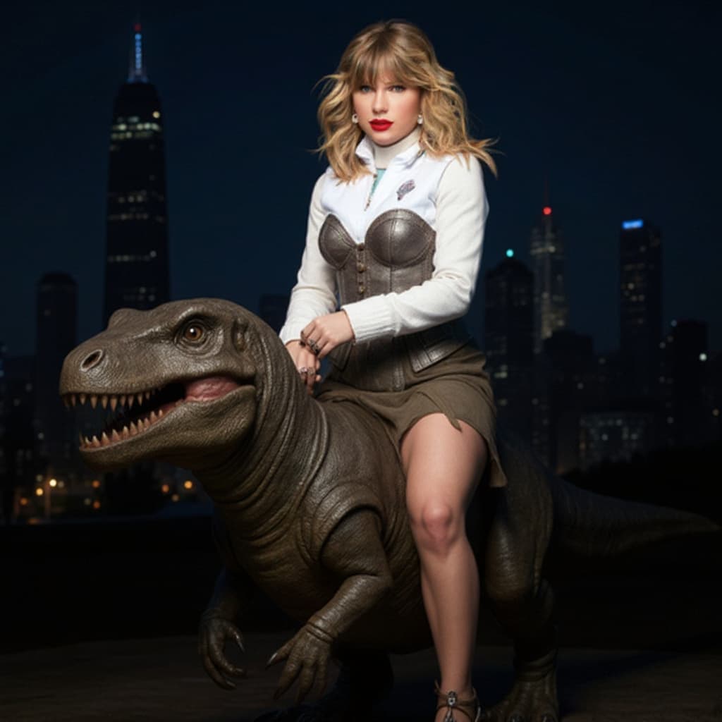 AI generated: a full body portrait Taylor Swift riding  a full size Tyrannosaurus Rex. cavemen style clothing clot...