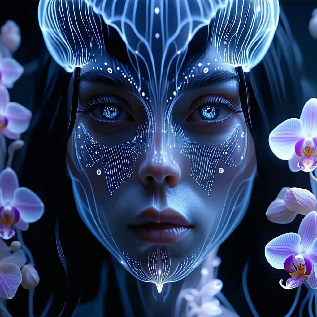 AI generated: Goddess close-up portrait ribcagel. jellyfish phoenix head, nautilus, orchid, skull, betta fish, bio...