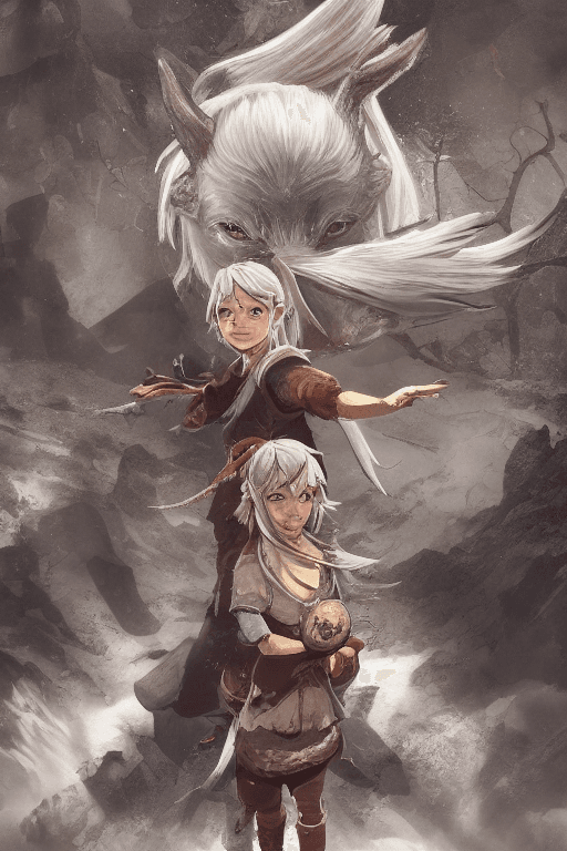 AI generated: ( a cute silver-haired girl with real devil horns patting the wolf), In a stunning fantasy world,bre...
