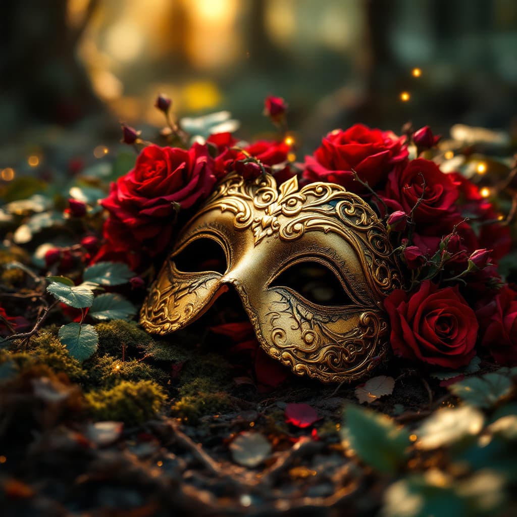 AI generated: "A beautifully haunting fantasy book cover featuring an ornate golden eye  mask lying abandoned on t...