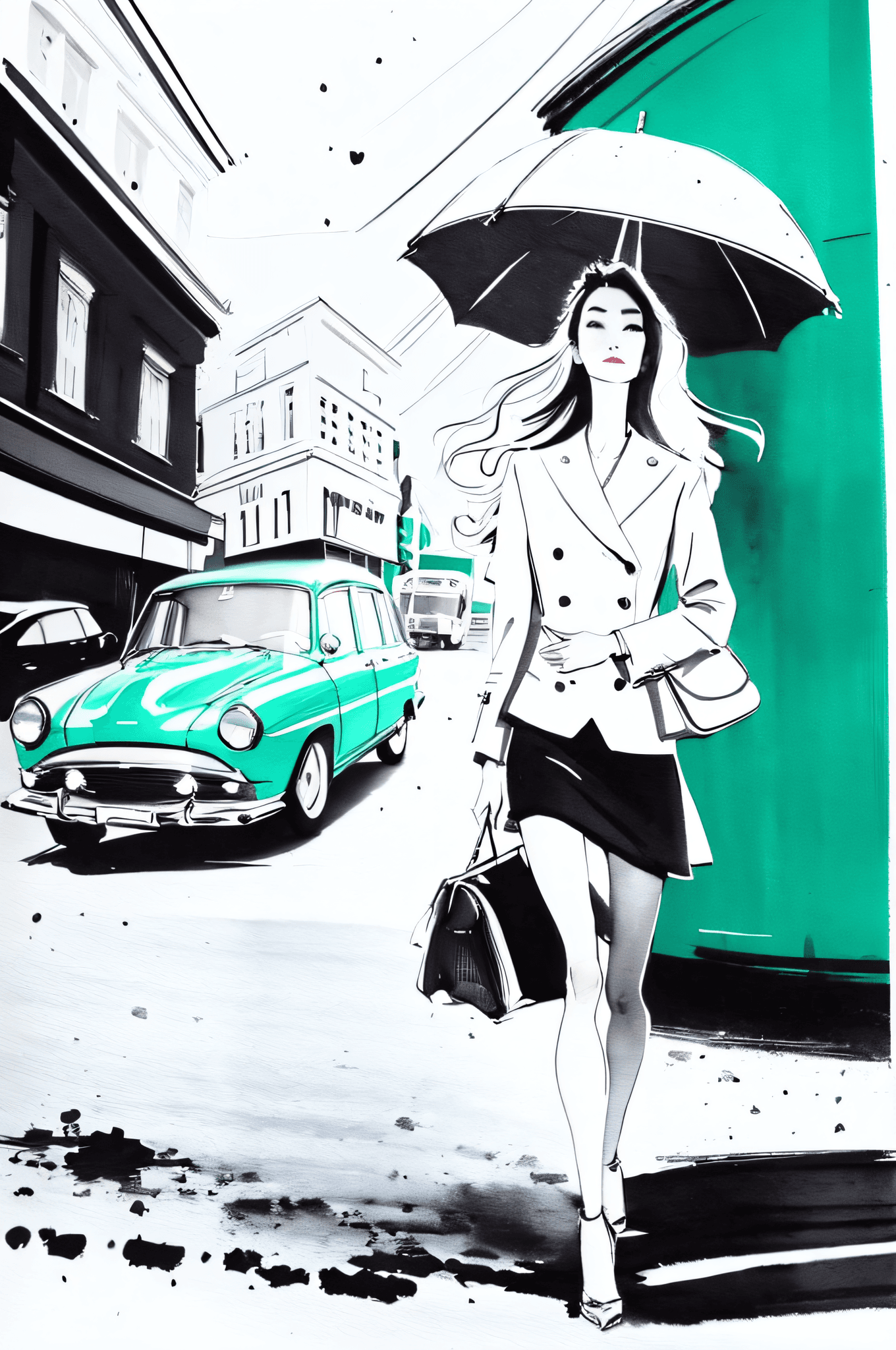 AI generated: bissett, illustration, ink watercolor, white background,, 1girl, solo, long hair, monochrome, bag, h...