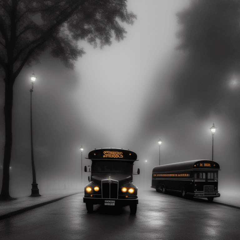 AI generated: mid shot view of a beautiful black school bus, Victorian Street, Dark Fairytale Aesthetic, intricate...