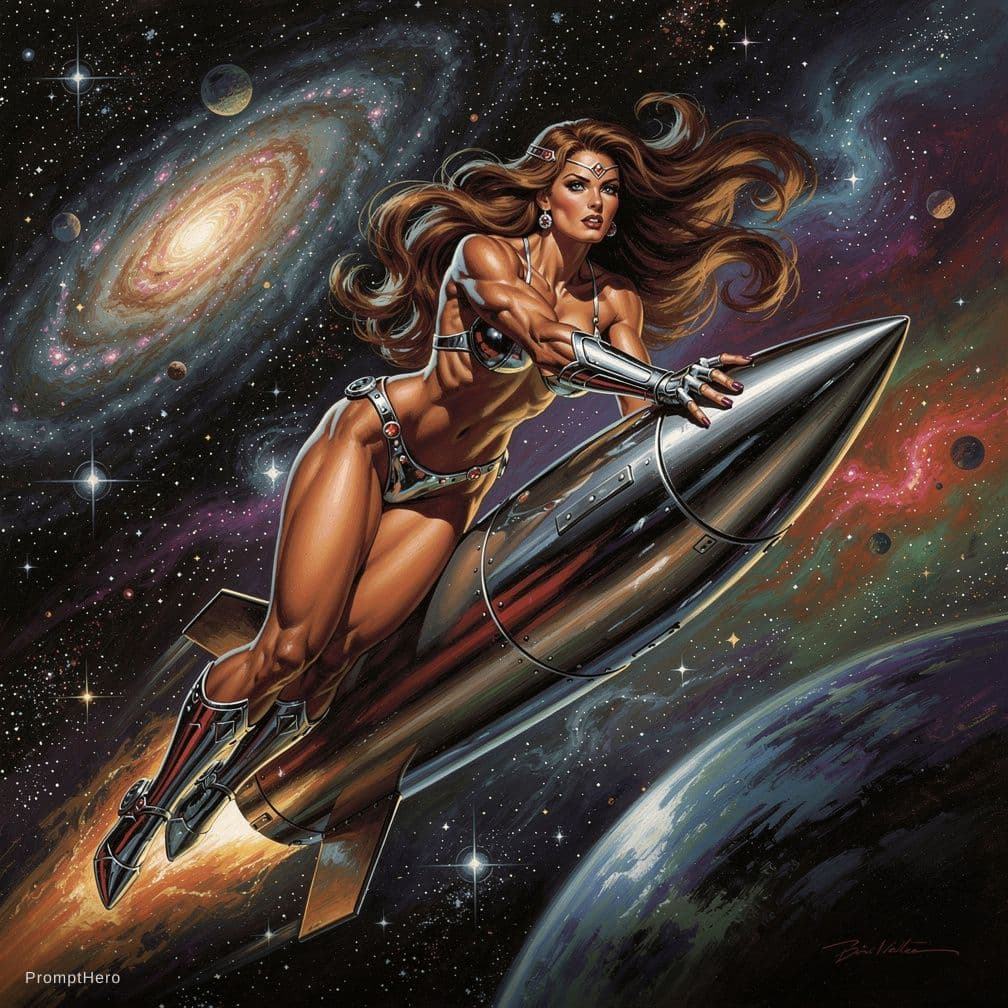 AI generated: BORIS VALLEJO SPACE WOMAN RIDING A ROCKET TO THE STARS