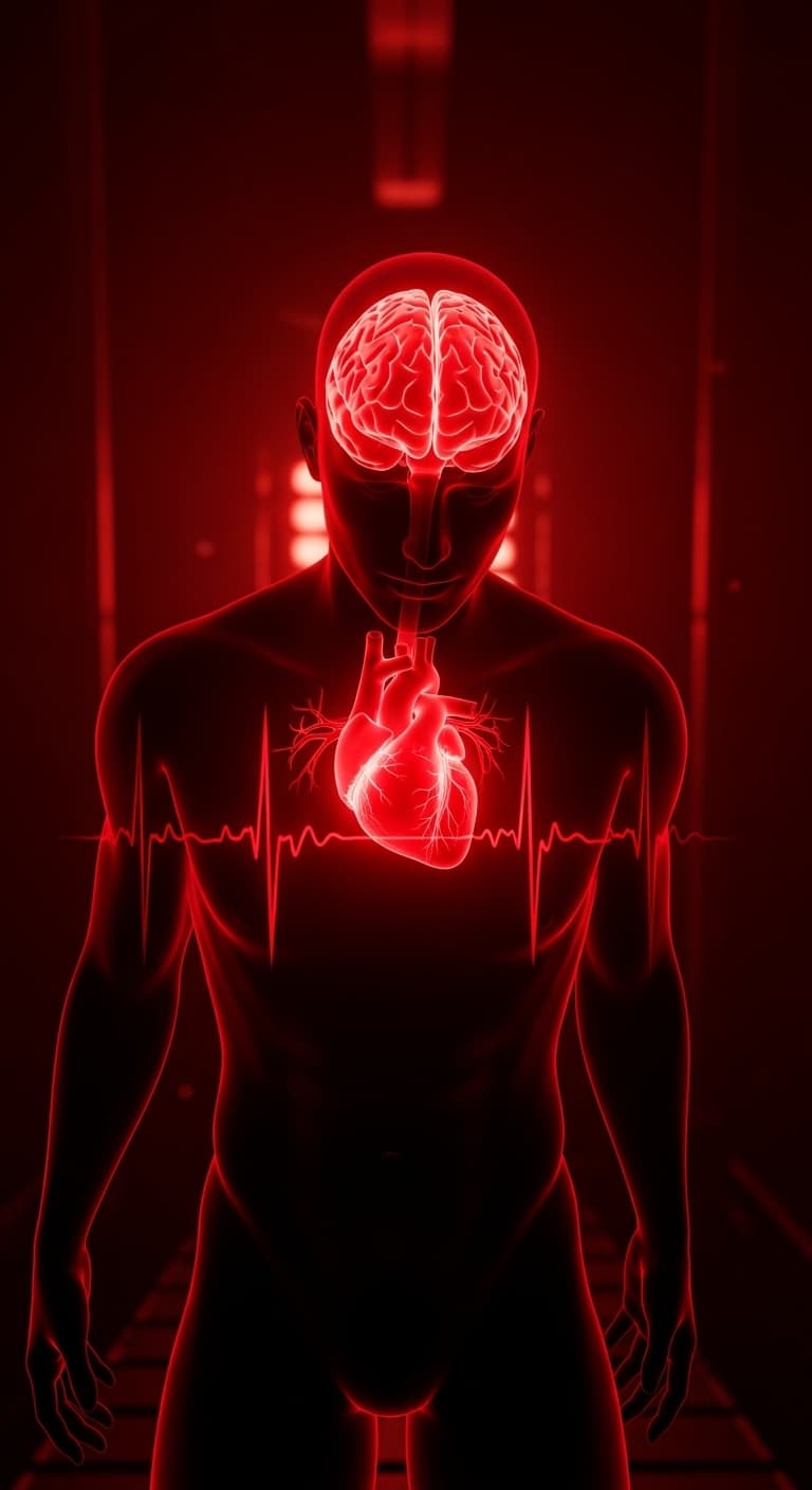 AI generated: Human silhouette with visible glowing heart and brain, red warning tones, medical danger concept, dr...