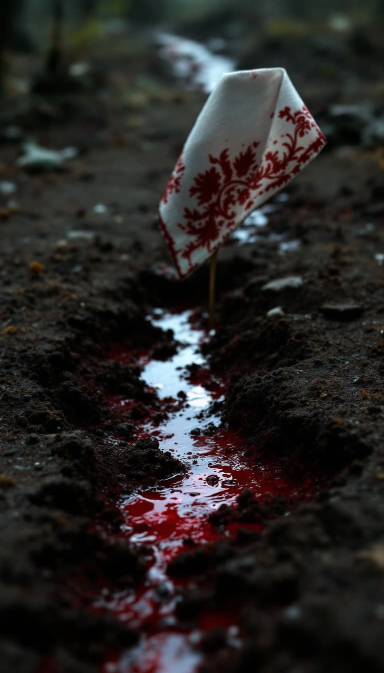 AI generated: a trail of blood leading to a Victorian handkerchief sticking out of the soil.