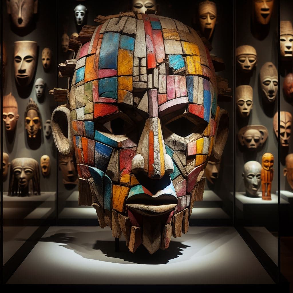 AI generated: A colorful, abstract cubistic mask, handcrafted, made of wood and plaster, aged, presented in a muse...