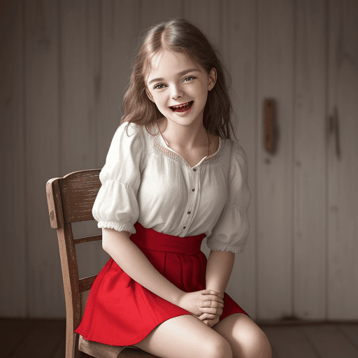 AI generated: The image features a young girl sitting on a chair, full of laughter, wearing a thin white blouse an...
