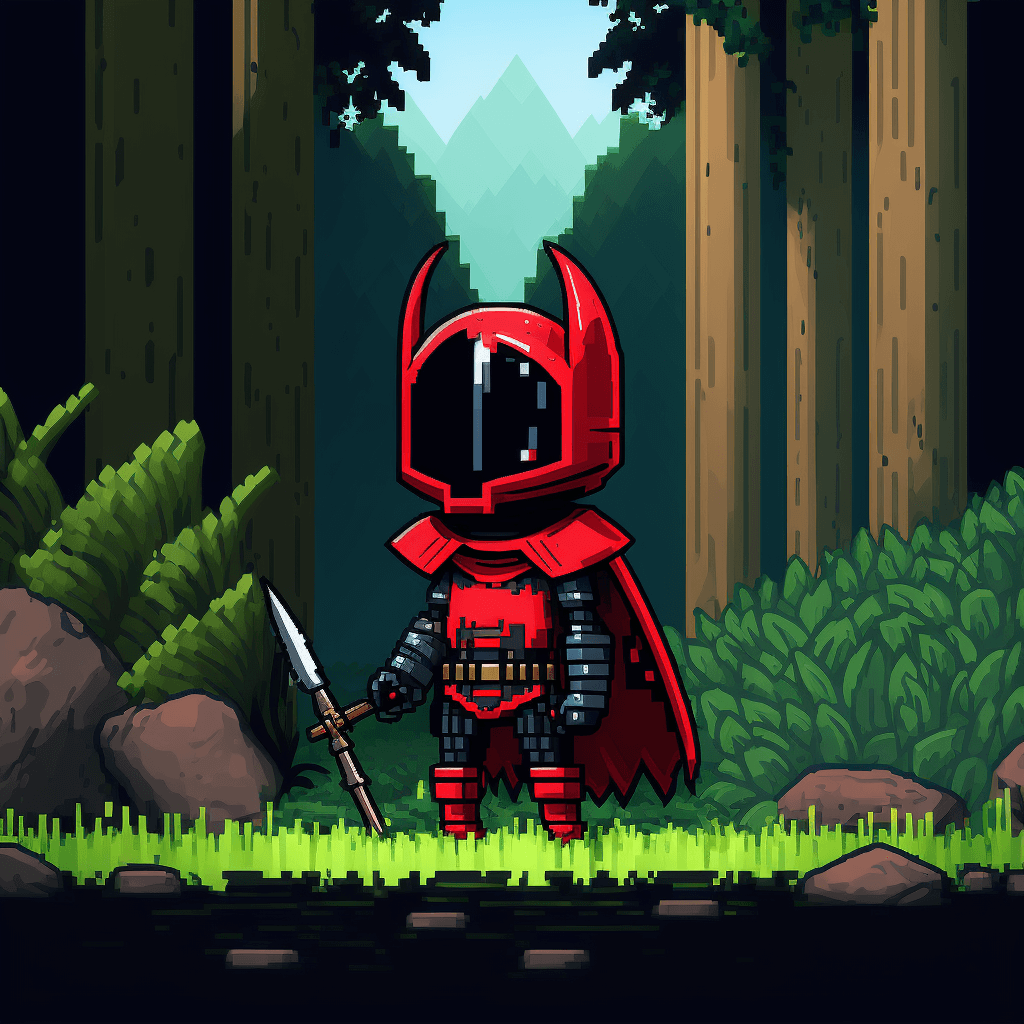 AI generated: simple 2d pixel art character with a daft punk helmet and red cape, standing in a jungle, in the sty...