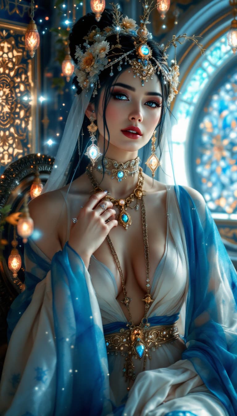 AI generated:  A 19th-century oil painting style depicting an oriental extremely beautiful,elegant princess   woma...