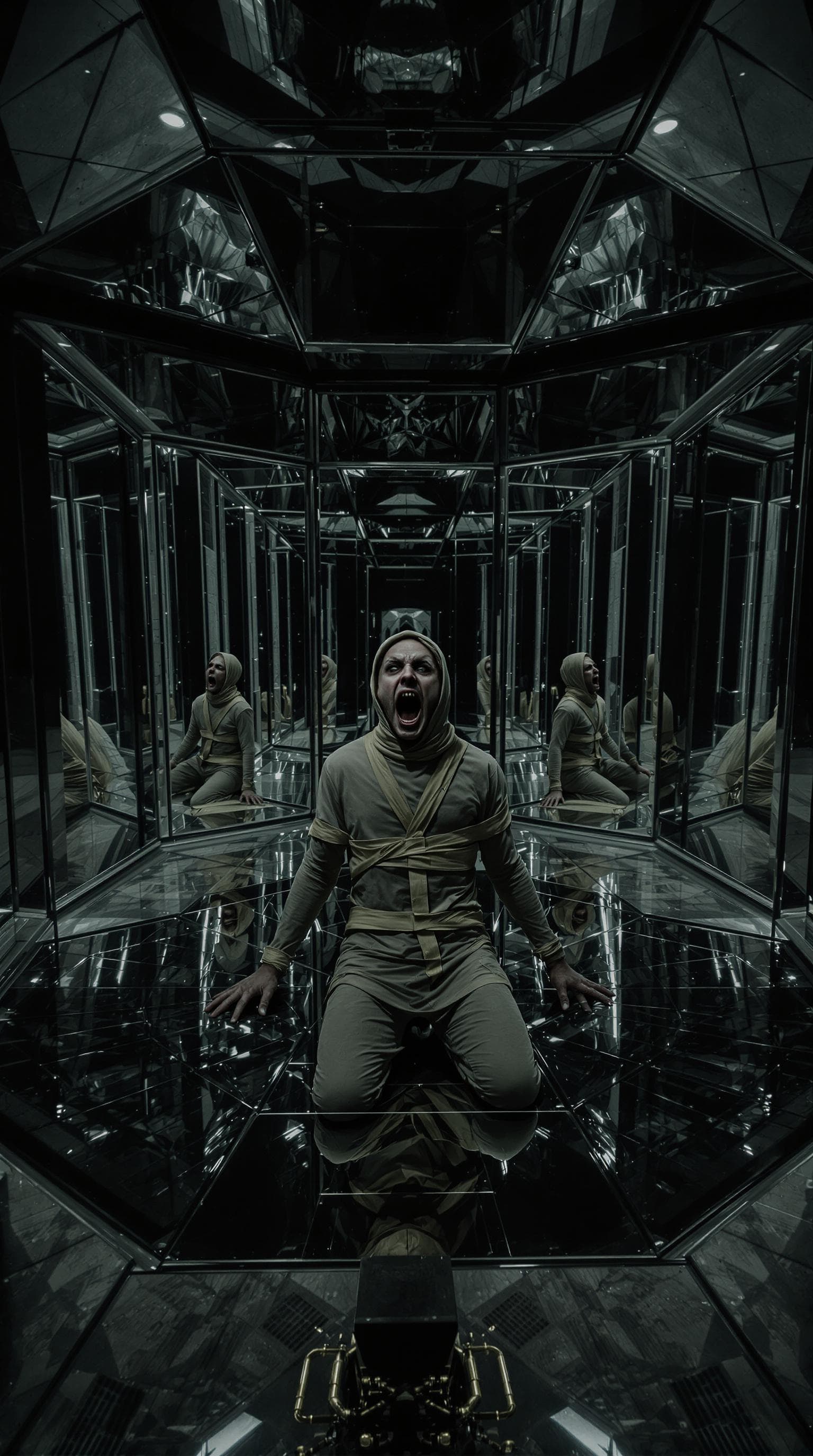 AI generated: (film grain), ultrarealistic 4k, photoart_style, (A person in a straitjacket kneels in the center of...