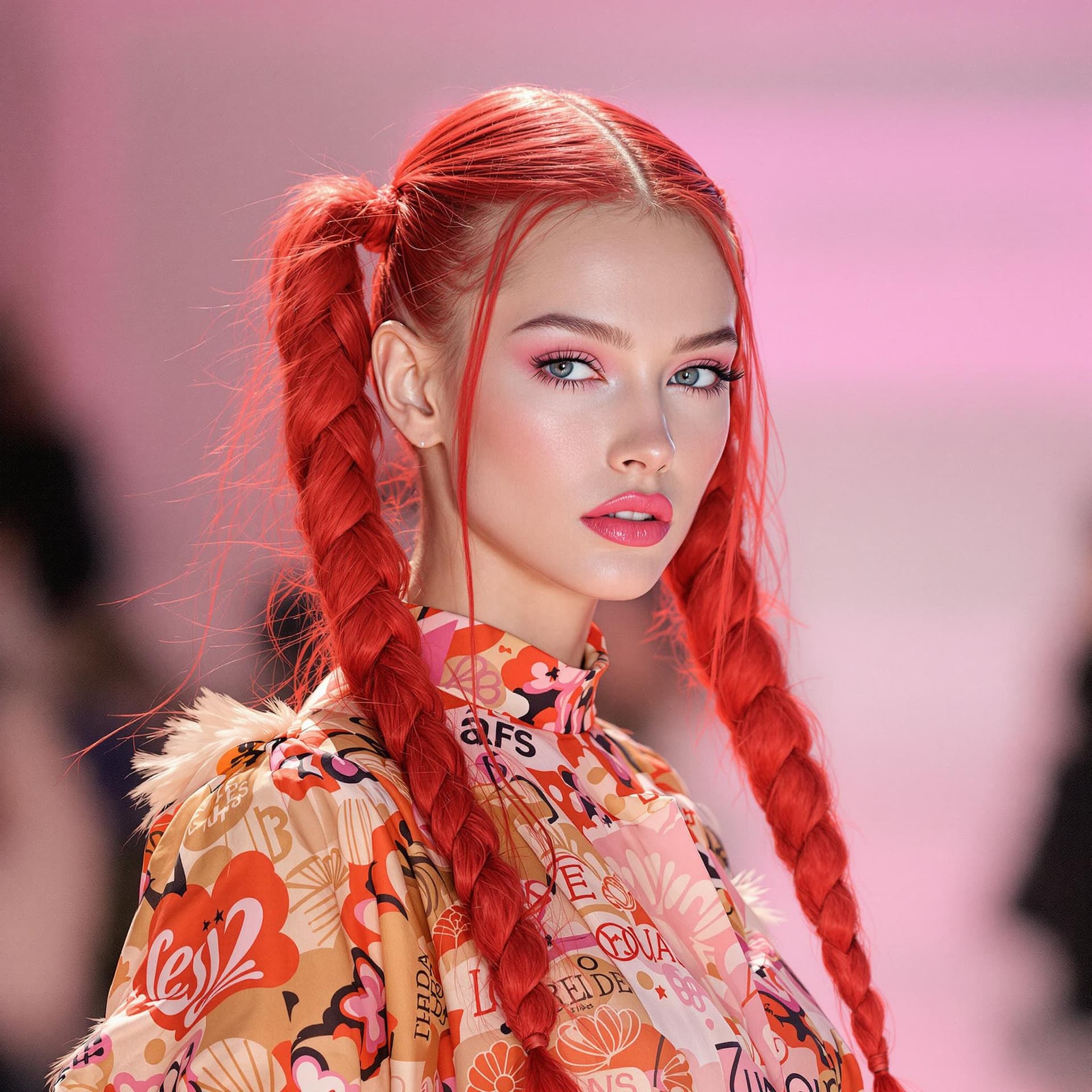 AI generated: Vogue runway model with long red pigtails in candycore hair style, pale skin and light pink lips --v...