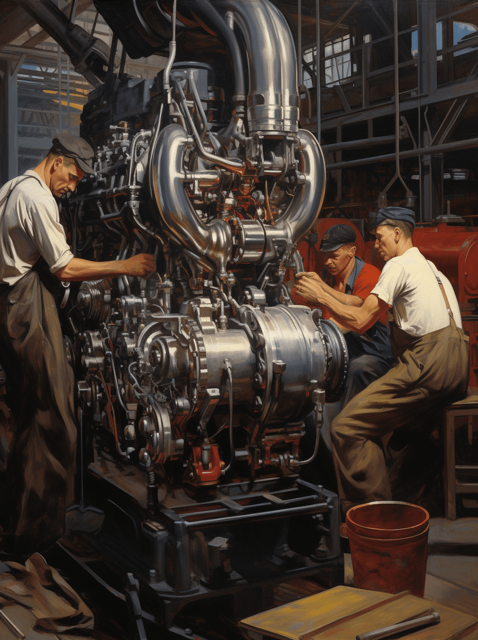 AI generated: A group of workers working on an engine in the style of Charles Sheeler. --v 5.2 --ar 95:128 -